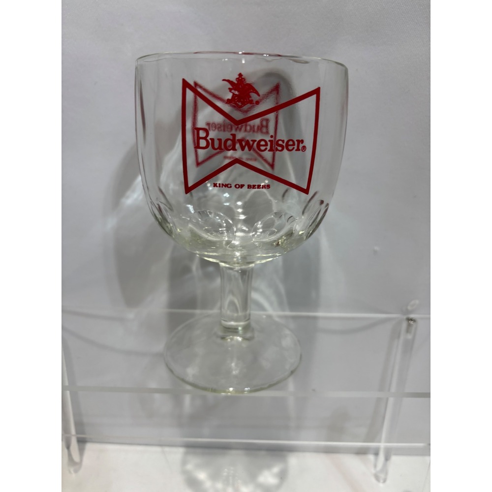 Budweiser Beer Goblet OS Clear Red Bowtie Logo Thumbprint Stemmed Glass